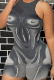 Grey Street Print Patchwork O Neck Skinny Rompers
