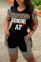 Black Casual Letter Print Leopard Patchwork O Neck Short Sleeve Two Pieces