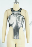 Black Sexy Print Asymmetrical O Neck Tops