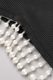 Green Casual Solid Tassel Patchwork Pearl O Neck T-Shirts
