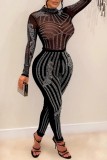 Black Sexy Patchwork Hot Drilling See-through Half A Turtleneck Skinny Jumpsuits