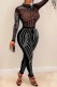 Black Sexy Patchwork Hot Drilling See-through Half A Turtleneck Skinny Jumpsuits