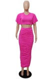 Deep Pink Casual Solid Fold O Neck Short Sleeve Two Pieces