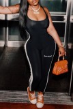 Black Casual Sportswear Letter Patchwork Print Backless U Neck Skinny Jumpsuits