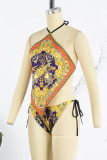 Yellow Sexy Print Bandage Backless Swimwears (Without Paddings)