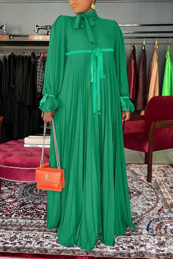 Green Casual Solid Patchwork Fold Ribbon Collar Straight Dresses