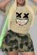 Cream White Casual Camouflage Print Patchwork O Neck Short Sleeve Two Pieces