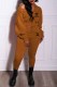 Dark Brown Casual Print Letter Hooded Collar Long Sleeve Two Pieces