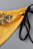Yellow Sexy Print Bandage Backless Swimwears (Without Paddings)