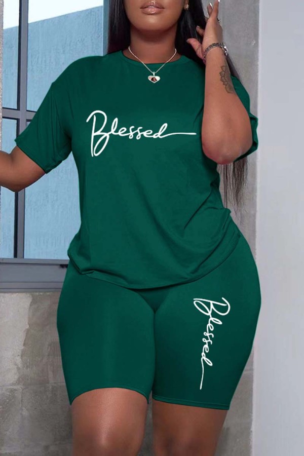 Green Casual Print Basic O Neck Short Sleeve Two Pieces