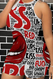 Red Street Print Patchwork O Neck Skinny Rompers