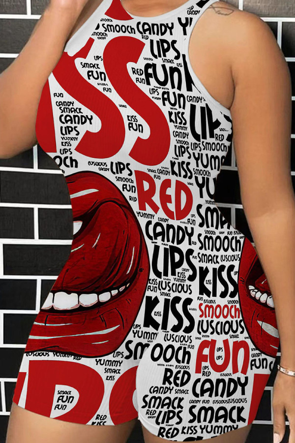 Red Street Print Patchwork O Neck Skinny Rompers
