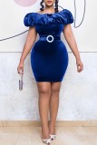 Blue Casual Solid Patchwork Off the Shoulder Short Sleeve Dress Dresses