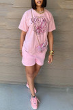 Pink Casual Street Print Patchwork O Neck Short Sleeve Two Pieces