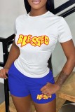 Red Casual Daily Letter Print Basic O Neck Short Sleeve Two Pieces