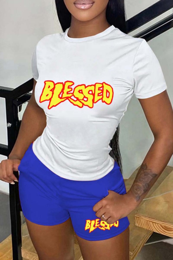 Blue Casual Daily Letter Print Basic O Neck Short Sleeve Two Pieces