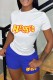 Blue Casual Daily Letter Print Basic O Neck Short Sleeve Two Pieces