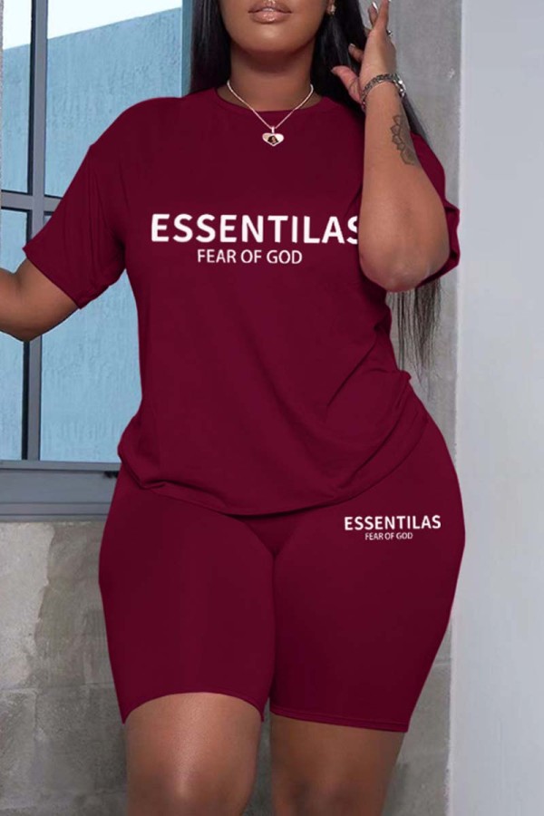 Burgundy Casual Letter Print Solid Basic O Neck Short Sleeve Two Pieces