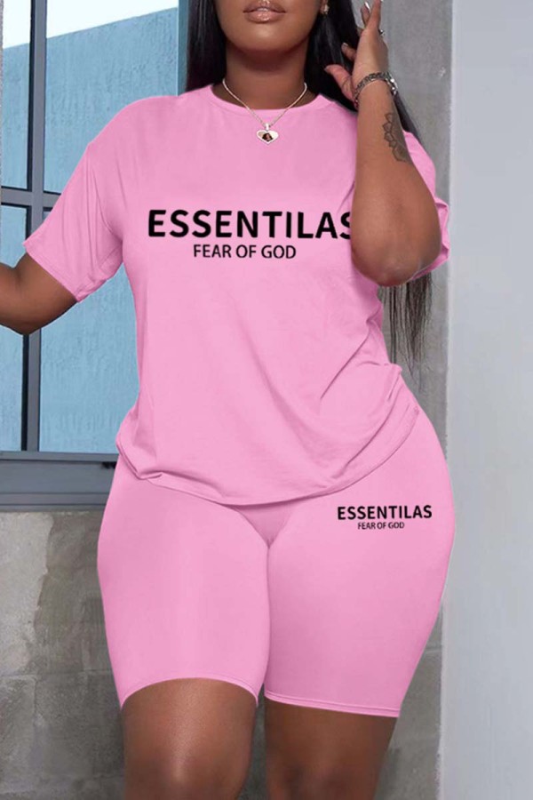 Pink Casual Letter Print Solid Basic O Neck Short Sleeve Two Pieces