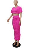 Deep Pink Casual Solid Fold O Neck Short Sleeve Two Pieces