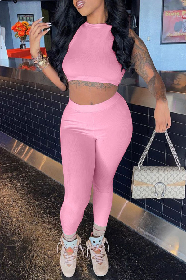 Pink Casual Sportswear Solid Patchwork O Neck Sleeveless Two Pieces