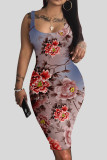 Khaki Casual Print Patchwork U Neck Vest Dress Dresses