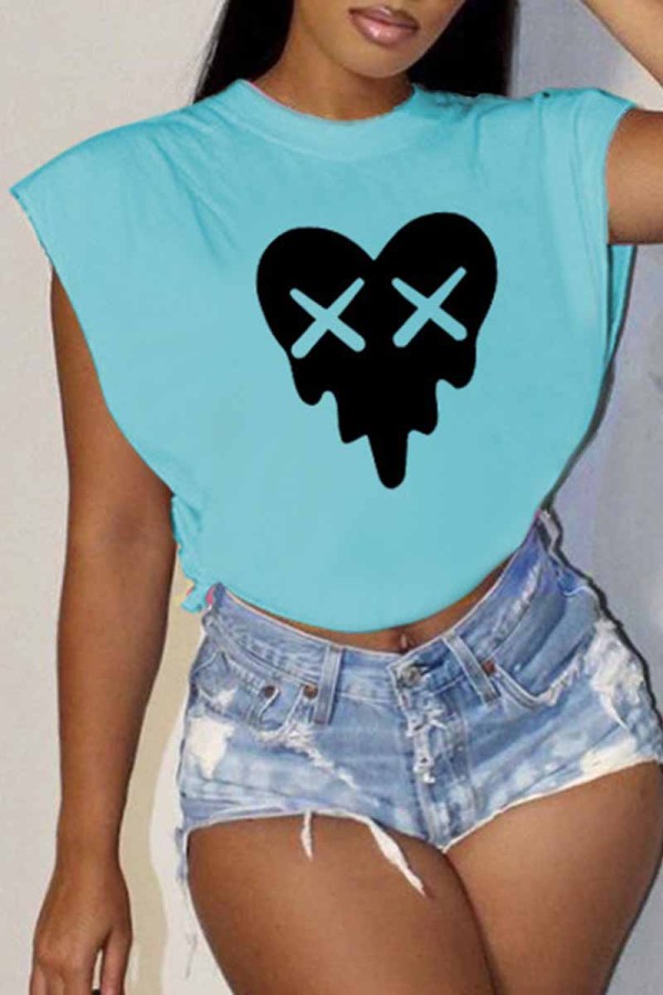 Baby Blue Casual Print Patchwork O Neck T-Shirts