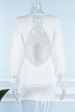 White Sexy Casual Patchwork Hot Drilling See-through O Neck Long Sleeve Dresses
