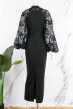 Black Casual Elegant Solid Patchwork With Belt O Neck One Step Skirt Dresses
