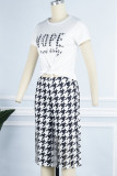 Black White Casual Print Tassel Patchwork Short Sleeve Two Pieces