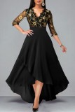 Black Casual Embroidery Patchwork V Neck Dresses