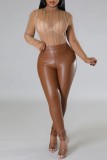 Apricot Sexy Patchwork Hot Drilling See-through Half A Turtleneck Tops
