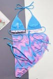 Powder Blue Sexy Print Tie Dye Bandage Backless Swimsuit Three Piece Set (With Paddings)