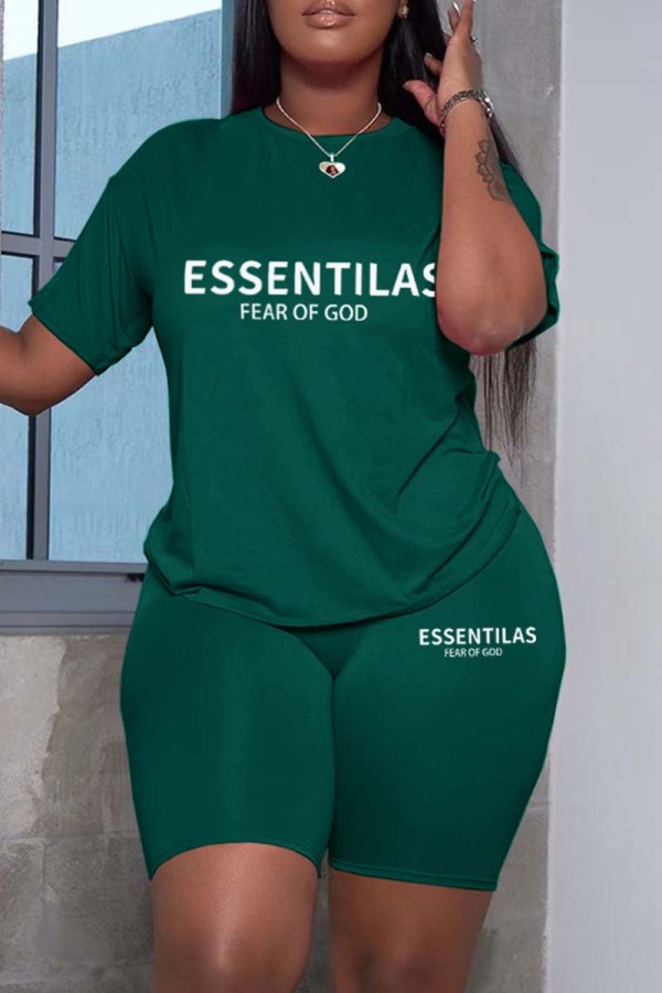 Green Casual Letter Print Solid Basic O Neck Short Sleeve Two Pieces