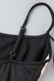 Black Sexy Patchwork Hollowed Out Backless Contrast Spaghetti Strap Sleeveless Dress Dresses
