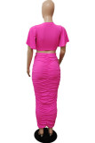 Deep Pink Casual Solid Fold O Neck Short Sleeve Two Pieces