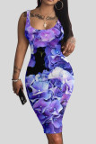 Turquoise Casual Print Patchwork U Neck Vest Dress Dresses