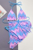 Powder Blue Sexy Print Tie Dye Bandage Backless Swimsuit Three Piece Set (With Paddings)