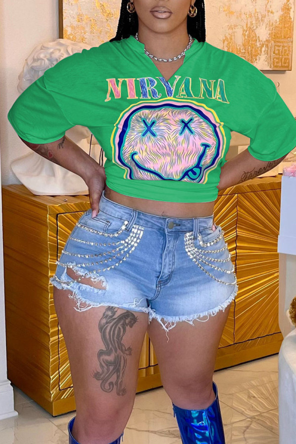 Green Casual Street Print Patchwork V Neck T-Shirts