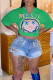 Green Casual Street Print Patchwork V Neck T-Shirts