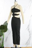 Black Sexy Solid Bandage Hollowed Out Backless Slit Halter Sleeveless Dress Dresses