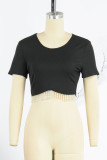 Green Casual Solid Tassel Patchwork Pearl O Neck T-Shirts