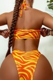 Orange Sexy Print Bandage Hollowed Out Backless Asymmetrical Swimwears (With Paddings)