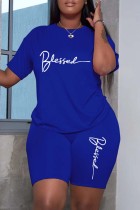 Blue Casual Print Basic O Neck Short Sleeve Two Pieces