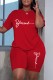 Red Casual Print Basic O Neck Short Sleeve Two Pieces