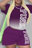 Purple Casual Print Patchwork O Neck Short Sleeve Two Pieces
