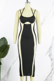 Black Sexy Patchwork Hollowed Out Backless Contrast Spaghetti Strap Sleeveless Dress Dresses