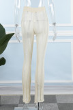 White Casual Solid Patchwork Skinny Mid Waist Conventional Solid Color Trousers
