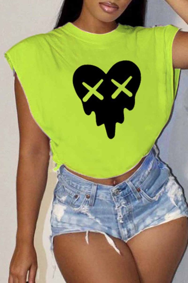 Light Green Casual Print Patchwork O Neck T-Shirts