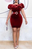 Blue Casual Solid Patchwork Off the Shoulder Short Sleeve Dress Dresses